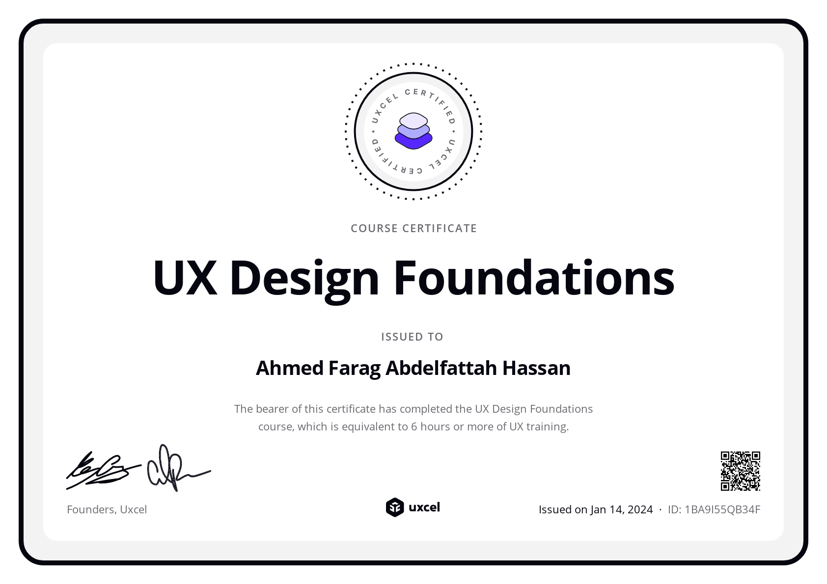 Ahmed Farag Abdelfattah Hassan's certificate